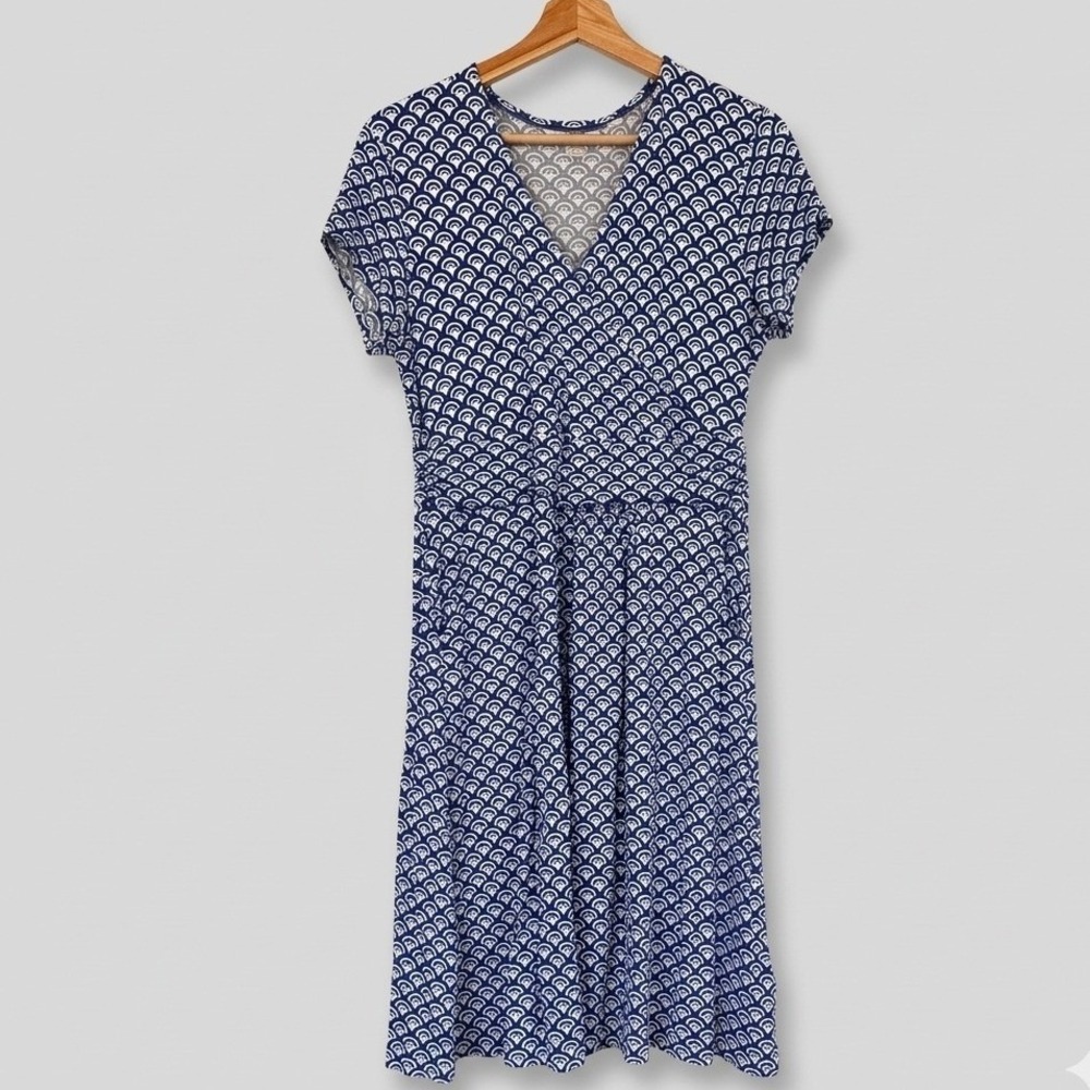 Boden Blue White Scallop Print Jersey V-Neck Dress Pockets Twee Geometric Mom 10